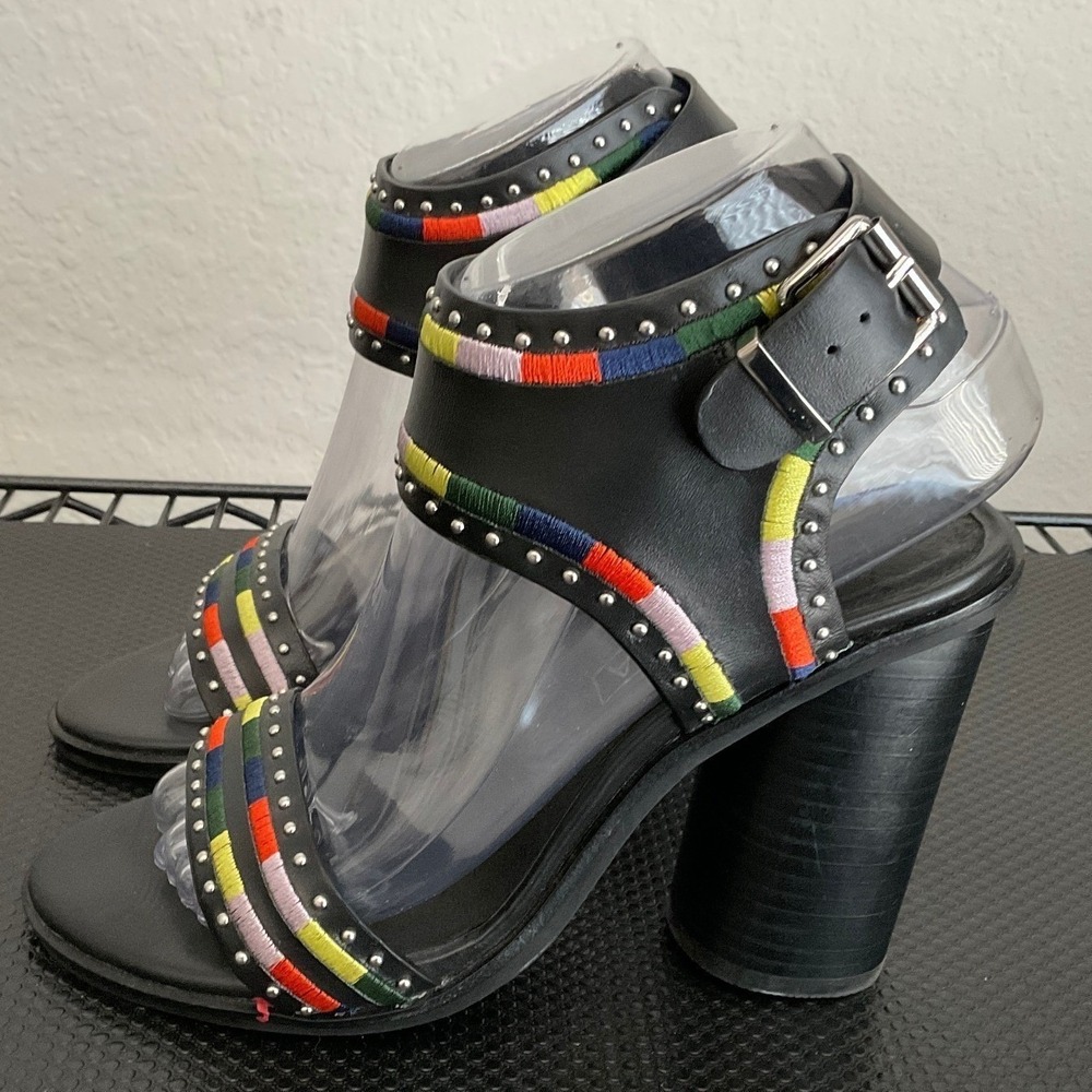 Sol Sana Womens Black Leather Embroidered Studded Block Heel Sandals Size 37 - Picture 2 of 12